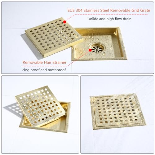 6 Inch Square Shower Floor Drain Brushed Brass with Flange,SUS304 Stainless Steel Gold Shower Drain Cover with Quadrato Pattern Grate Removable Hair Strainer,98738BG6-S. - color: Brushed Gold（set）