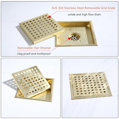 6 Inch Square Shower Floor Drain Brushed Brass with Flange,SUS304 Stainless Steel Gold Shower Drain Cover with Quadrato Pattern Grate Removable Hair Strainer,98738BG6-S. - color: Brushed Gold（set）