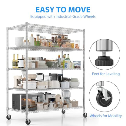 Homdox 5 Tier Heavy Duty Metal Shelves, Storage Racks and Shelving with Wheels, Commercial Adjustable Wire Shelving Unit, Garage Rack Pantry Shelves Kitchen Shelving, Chrome - color: Chrome, size: 24"Dx 48"Wx 82"H, 5 Tier