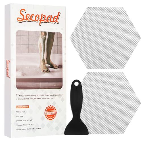 Secopad Original Bathtub Stickers Non-Slip, Hexagon Safety Shower Treads Adhesive Appliques with Premium Scraper - color: Clear