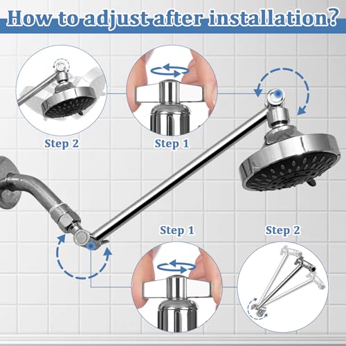 Rain Shower Head Extension 12 Inch Adjustable Rain Shower Head Extension Arm Stainless Steel Shower Head Holder G1/2 Universal Connector Compatible (Chrome Finish) - color: Chrome Finish