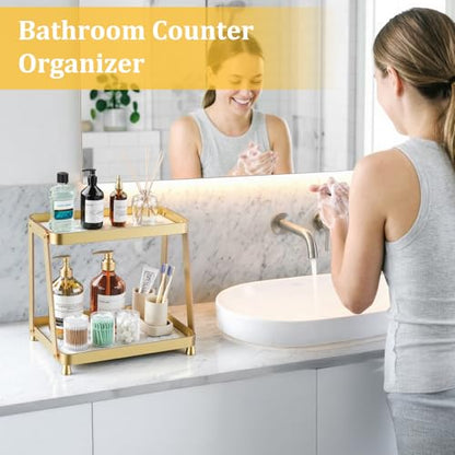 2-Tier Acrylic Bathroom Vanity Organizer, Gold | Bathroom Counter Storage Shelf with Marble-Look Tray, Holds Cosmetics, Perfume, Makeup & Skincare Products - color: Gold