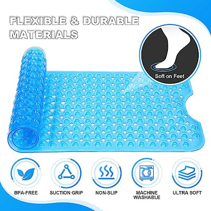 Bathtub and Shower Mats, 40x16 Inch Extra Large Non Slip Soft Bath Tub Mat with Suction Cups and Drain Holes for Bathroom Floor, Machine Washable, Clear Blue - color: Clear Blue