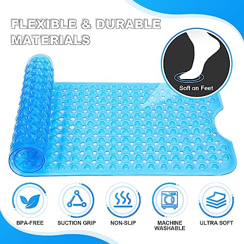 Bathtub and Shower Mats, 40x16 Inch Extra Large Non Slip Soft Bath Tub Mat with Suction Cups and Drain Holes for Bathroom Floor, Machine Washable, Clear Blue - color: Clear Blue
