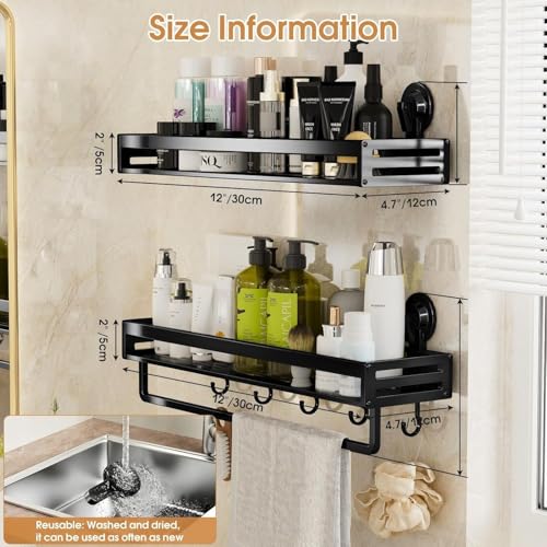 Suction Cup Shower Caddy with 5 Hooks & Towel Rrack 11.8inch Black | No Drilling Shower Organizer with Large Capacity, Rust-resistant Bathroom Organizer, With 2 Backup Suction Cups (2-Pack) - size: 11.8 inches(2-Pack US)