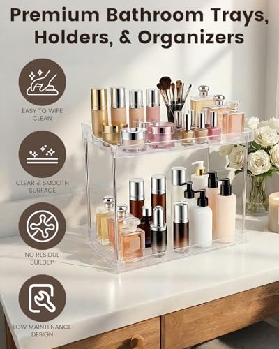 2 Tier Bathroom Counter Organizer, Clear Vanity Shelf Organizer for Skincare & Perfume, Non-Slip Bathroom Counter Shelf for Small Spaces, Bathroom Vanity Organizer Countertop (Rectangular)