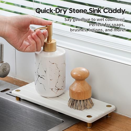 Instant Dry Sink Caddy Kitchen Sink Organizer, Quick Drying Diatomaceous Earth Stone Sink Tray Sponge Holder Soap Dish, Bathroom Countertop Vanity Dispenser Toothbrush, Gold White, 10" x 4" - color: 1. Gold - White, size: 10" x 4" x 1"