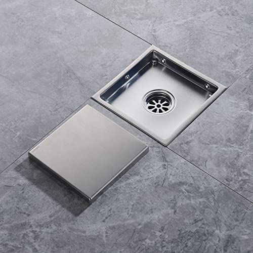 6 Inch Shower Drain Square Brushed Nickel，with Adjustable Drain Flange Kit Base PVC, Removable Grid Strainer Cover and Invisible Floor Insert, SUS304 Stainless Steel - color: Brushed Nickel