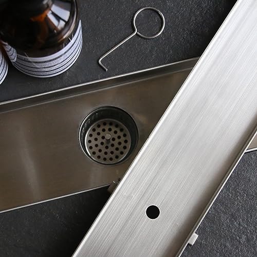 28 Inch Linear Shower Drain with Tile Insert Grate, Brushed | 304 Stainless Steel, Rectangle Tile Floor Drain for Bathroom, with Hair Strainer, Adjustable Feet, cUPC Certified - size: 28 inch