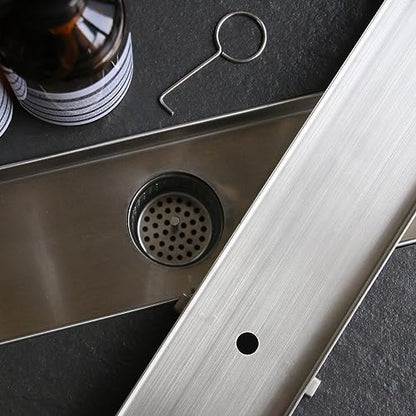 28 Inch Linear Shower Drain with Tile Insert Grate, Brushed | 304 Stainless Steel, Rectangle Tile Floor Drain for Bathroom, with Hair Strainer, Adjustable Feet, cUPC Certified - size: 28 inch