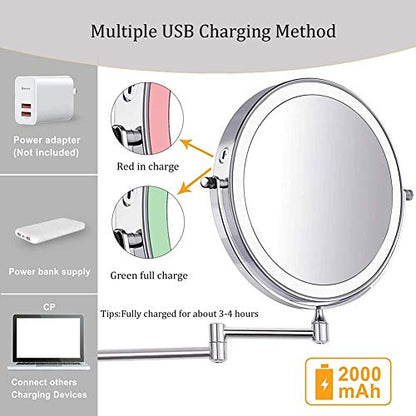 8'' Wall Mounted Makeup Mirror Black USB Rechargeable Double Sided with 3 Tones LED Lights, 1x/5x Magnifying Bathroom Mirror for Shaving Extendable Arm Touch Control1X/5X (1X/7X) - size: 1X/7X