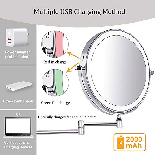 8'' Wall Mounted Makeup Mirror Black USB Rechargeable Double Sided with 3 Tones LED Lights, 1x/5x Magnifying Bathroom Mirror for Shaving Extendable Arm Touch Control1X/5X (1X/5X) - size: 1X/5X