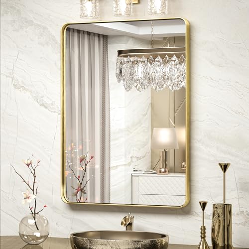 Bathroom Mirror for Wall 24 x 32 Inch Gold Brushed Brass Metal Rounded Corner Rectangle Mirror Wall Mirror in Metal Frame - color: Brushed Gold, size: 32"L x 24"W, style: Rectangle