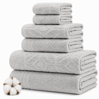 Modern Threads 6 Piece Cotton Bath Towel Set – Ultra Soft 550 GSM Towels – Bathroom Set with Hand Towels and Washcloths – Geometric (Silver Cloud) - color: Silver Cloud, style: Geometric