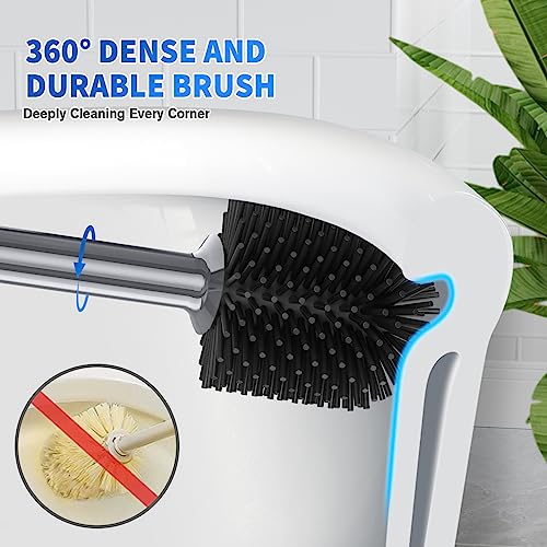 Toilet Plunger and Brush, Silicone Bowl Brush and Heavy Duty Toilet Plunger Set with Ventilated Holder, 2-in-1 Toilet Brush and Plunger Combo for 5.3-inch Bathroom Cleaning (Gray, 1 Set) - color: Gray
