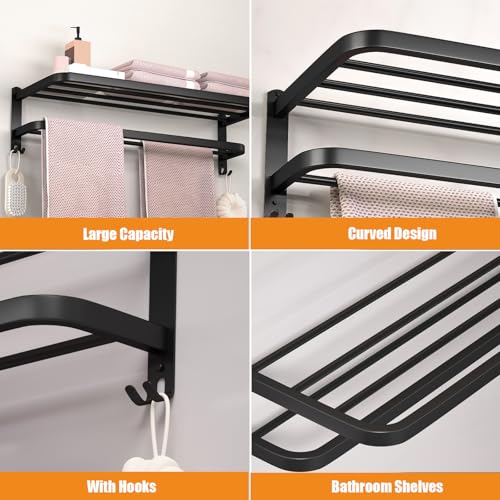 15 Inch Black Towel Racks for Bathroom Towel Shelf with Double Towel Bars Lavatory Wall Mount Holder with Hooks Stainless Steel Hotel Bath Rack (Matte Black) - color: Black15
