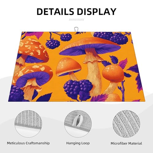 Lovely Mushroom Print Dish Drying Mat Absorbent Reversible Microfiber Kitchen Counter Protector Fast Drying Dish Pad Large“18 x 24" Dish Mat - color: Orange-Mushroom