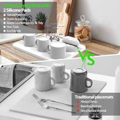 2 PCS Stone Dish Drying Mat ＆ Silicone Mat for Kitchen Counter – Diatomaceous Earth Bath Mat for Bathroom, 16.14"L×12.4"W×2 Quick Dry Mats for Dishes ,Bottles, Cups, Match Any Countertop(White) - color: White