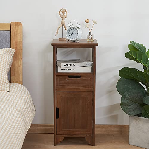 30 Inches Tall End Table, Fully Assembled Bathroom Floor Cabinet with Shelf and Storage, No Assembly Nightstand with Drawer for Bedroom-Walnut | Solid Wood; No Assembly; 30-Inch Tall; Drawer Storage; Slim Bathroom Cabinet; Side & End Table; Floor Storage