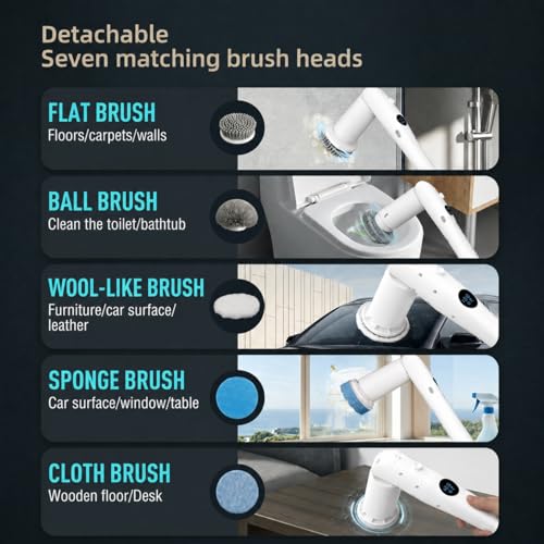 Electric Spin Scrubber, High Torque Deep Cleaning Scrubber, Cordless Cleaning Brush with Adjustable Handle & 7 Replaceable Heads, Heavy-Duty Bathroom Scrubber for Bathroom Cleaning (White)