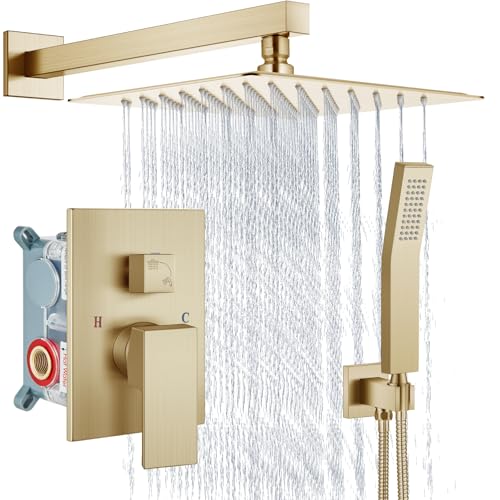 Aolemi Shower Faucet Set with Handheld Brushed Gold 12 Inch Head | Pressure Balance Shower Valve and Trim Kit,SUS304 Rain Head and Handle System,All Metal,Wall Mount,Bathroom,Handheld Spray - color: Gold, size: 12 Inch Wall Mount Shower Head