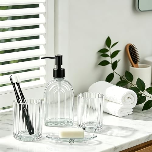 4-Piece Glass Bathroom Accessories Set, Clear Soap Dispenser, Soap Dish, Toothbrush Holder & 2 Tumblers, Bathroom Countertop Organizer Set for Vanity, Sink, Apartment & Modern Decor