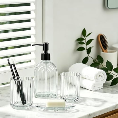 4-Piece Glass Bathroom Accessories Set, Clear Soap Dispenser, Soap Dish, Toothbrush Holder & 2 Tumblers, Bathroom Countertop Organizer Set for Vanity, Sink, Apartment & Modern Decor