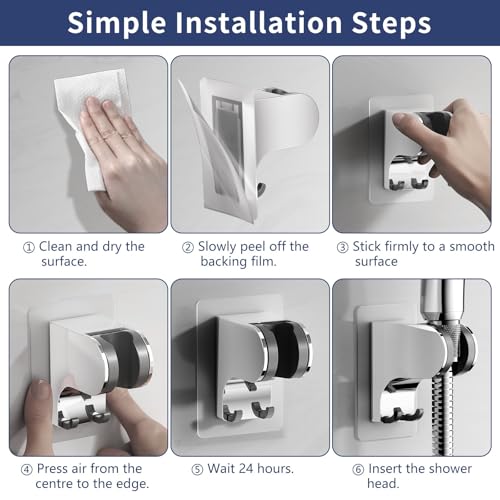 HANLIAN Strong Adhesive Handheld Shower Head Holder Without Drilling | 50° Adjustable Shower Wand Holder Wall Mount with Hooks, Waterproof Hand Held Showerhead Bracket with Hanger(Chrome, 1 piece) - color: Chrome