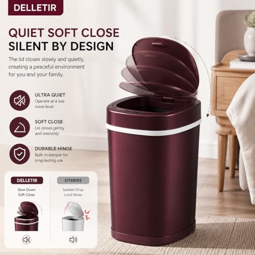 Smart Trash Can, Motion Sensor Trash Can with Lid, 15L Touchless Automatic Garbage Can for Bathroom, Bedroom & Office, Stainless Steel, Quiet Soft-Close, Long Battery Life, Wine - color: Wine