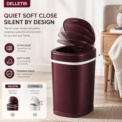 Smart Trash Can, Motion Sensor Trash Can with Lid, 15L Touchless Automatic Garbage Can for Bathroom, Bedroom & Office, Stainless Steel, Quiet Soft-Close, Long Battery Life, Wine - color: Wine