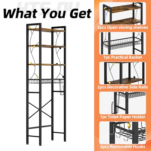 Over-The-Toilet Storage Rack, 4-Tier Bathroom Organizer Shelf Over Toilet with Adjustable Shelf and Basket, Freestanding Space Saver Bathroom Shelves Above Toilet for Room (Rustic Brown) - color: Brown