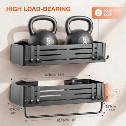 Lekesky Suction Cup Shower Caddy, No Drill Shower Shelves with a Towel Bar, Aluminum Rust Proof Bathroom Shower Organizer with 12 Hooks (2-Pack, Gunmetal Gray) - color: Gunmetal Grey1