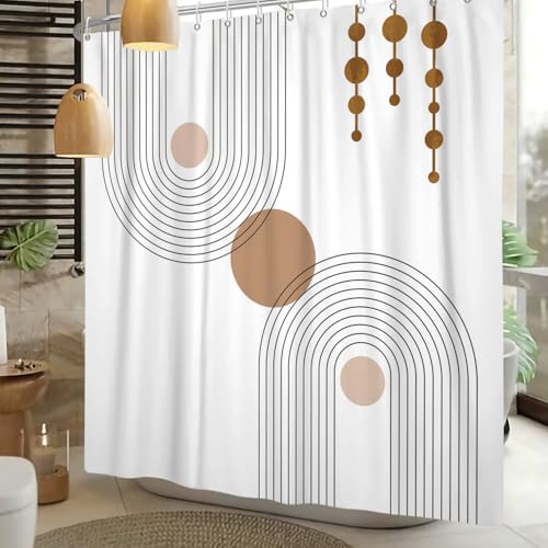 Mid Century Shower Curtain Minimalist Abstract Arch Simple Sun Modern Shower Curtains Bohemian Geometric Aesthetic Bathroom Decor Waterproof Fabric Curtain with Hooks 48x72 inch - color: White Brown, size: 48"W x 72"L (Pack of 1)