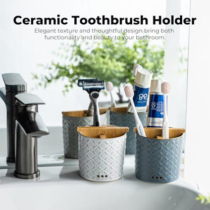 Zoeeker Toothbrush Holders, Detachable 3 Slots Electric Toothpaste Holder | Ceramic Toothbrush & Toothpaste Cup with Drain Holes & Bamboo Divider Brush Holder for Bathroom Countertop, Family, Blue - color: A-blue