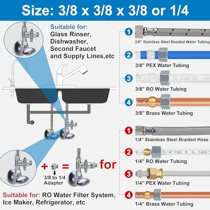 3/8" Compression Tee, 3/8 water line splitter for Dishwasher, Refrigerators | Brass Angle Stop Add-A-Tee Valve,Under Sink T Water Line Connector with Shut-Off for Second Faucet,3/8" x 3/8" x 3/8" or 1/4" - size: 3/8"x3/8"x3/8" or 1/4"