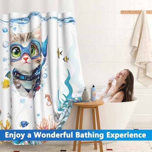 Ocean Shower Curtains for Bathroom, Cute Diving Cat No Hook Shower Curtain with Mesh Top Window and Detachable Liner, 71x74 Inch Waterproof Fabric Shower Curtain with Built-in Rings and Weighted Hem - color: Cat