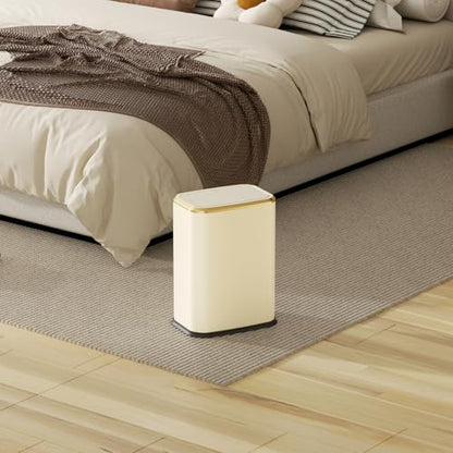 Bathroom Trash Can with Lid, 8L/2.1 Gallon Beige Trash Can Small Garbage Can with Press Top Lid Slim Stainless Steel Garbage Can with 100 Counts Trash Bags for Bathroom Bedroom Kitchen Office Toilet - color: Beige, size: Press-Top Trash Can