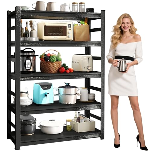 Kitchen Storage Shelves, Heavy Duty Shelving Unit, 5-Tier Adjustable Pantry Shelf, Food and Beverage Storage Shelves, Durable Metal Shelving, Appliance Storage, Black (36" W*16" D*72" H) - size: With Fences-5 Tier-72"H*36"W*16"D