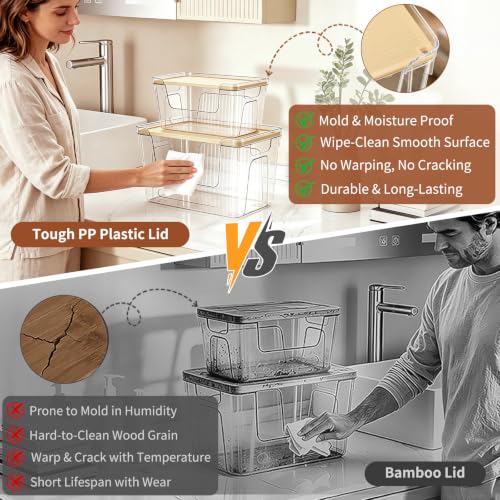 VOOWO Trash Bag Holder, 2 Pack Clear Trash Bag Dispenser with Plastic Lid | Stackable Trash Bag Organizer Fit 13/30 Gallon Bags, Clear Organizer Bins Under Sink for Pantry Kitchen Laundry Room Cabinet
