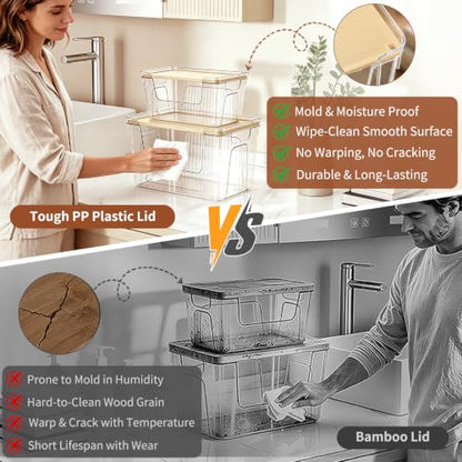 VOOWO Trash Bag Holder, 2 Pack Clear Trash Bag Dispenser with Plastic Lid | Stackable Trash Bag Organizer Fit 13/30 Gallon Bags, Clear Organizer Bins Under Sink for Pantry Kitchen Laundry Room Cabinet