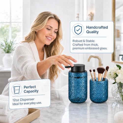 Bathroom soap Dispenser and Toothbrush Holder Set | Bathroom Accessories 2 pack cup and toothpaste holder blue glass - color: Navy Blue