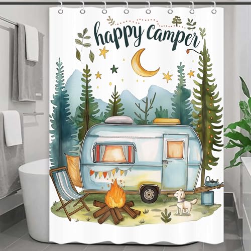 Happy Camper Small Stall RV Shower Curtain Rustic Tree Mountain Adventure Tent Camping Bathroom Curtains Travel Trailer Bathroom Accessories Set with Hooks 48 x 72 Inches - color: Blue, size: 48"W x 72"L (Pack of 1)