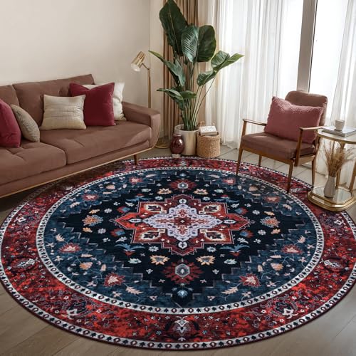 Ciicool Washable Boho 6ft Round Area Rug,Circle Non-Slip Oriental Throw Thin Floor Carpet for Dining Room Living Room Bedroom - color: Dark Blue/Red, size: 6' (Round)