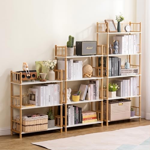3-Tier Expandable Freestanding Open Bamboo Book Shelf - No-Tool Assembly & Modular,Bathroom Storage Shelf Unit Plant Stand for Small Space, Bedroom, Living Room, Home Office (White, 3-Tier WithRail) - color: White 3-tier-2