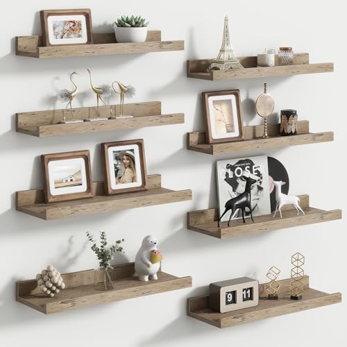 Floating Picture Ledge Shelves for Wall Set of 8, 16 Inch Wall Shelves with Lip Long Large Nursery Book Shelf for Toys Storage Kids Bookshelf Wall Mounted Living Room Bedroom Decor Frames - color: Grey, size: 16'', Set of 8