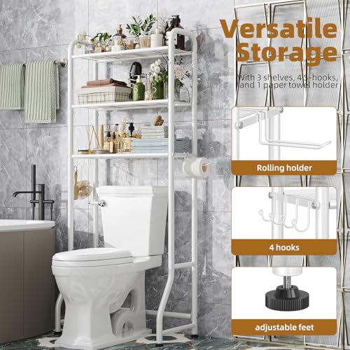 Simple Trending Over The Toilet Storage Rack, Metal 3 Tier Bathroom Organizer Shelf with Paper Holder and 3 Hooks, Freestanding Shelf Space Saver Above Toilet, White - color: 3-tier White