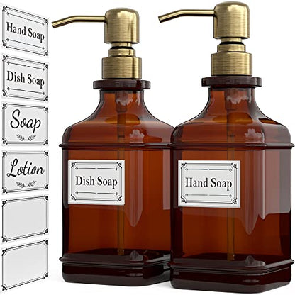 GLADPURE Soap Dispenser 2 Pack, Hand Soap Dispensers with 18 Oz Antique Design Thick Amber Glass Bottle, 316 Rust Proof Stainless Steel Pump, 6Pcs Stickers, for Lotion, Soap - Brushed Gold - color: Brushed Gold