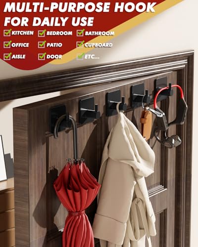 Auxmir Heavy Duty Adhesive Hooks, 5 Pack Stainless Steel Hooks 22 lb, Black | 22 lb max capacity, SUS304 stainless steel, no-drill installation, waterproof and rust-resistant for towels, robes and coats - color: 1.8"x1.8"- Black