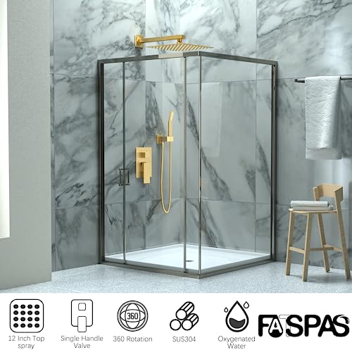 Brushed Gold Shower System with 12-Inch Rain Showerhead and Handheld | Innovative air-injection technology for low pressure, high-flow rate up to 3.22 GPM ensuring powerful consistent stream - color: Brushed Gold, style: 12"-Without Tub Spout