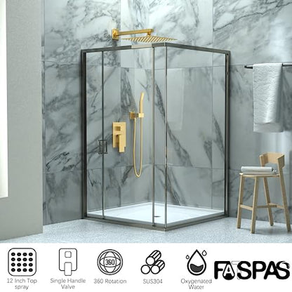 Brushed Gold Shower System with 12-Inch Rain Showerhead and Handheld | Innovative air-injection technology for low pressure, high-flow rate up to 3.22 GPM ensuring powerful consistent stream - color: Brushed Gold, style: 12"-Without Tub Spout